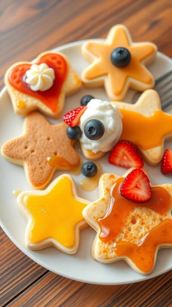 Colorful 3D printed pancakes in fun shapes topped with fruit and syrup.